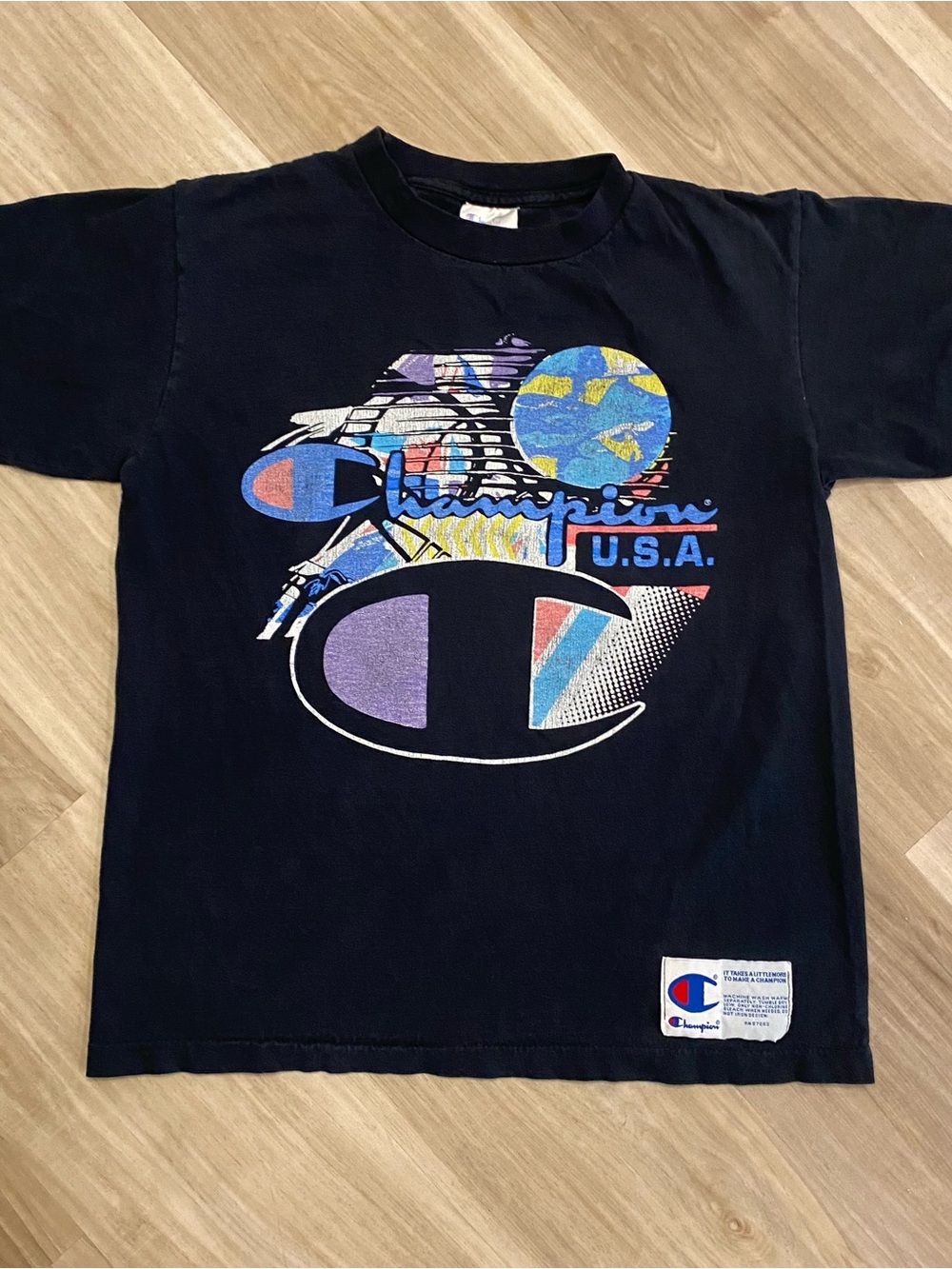 Vintage 90s Champion Shirt Mens Medium Black Graphic Big Logo Single Stitch USA